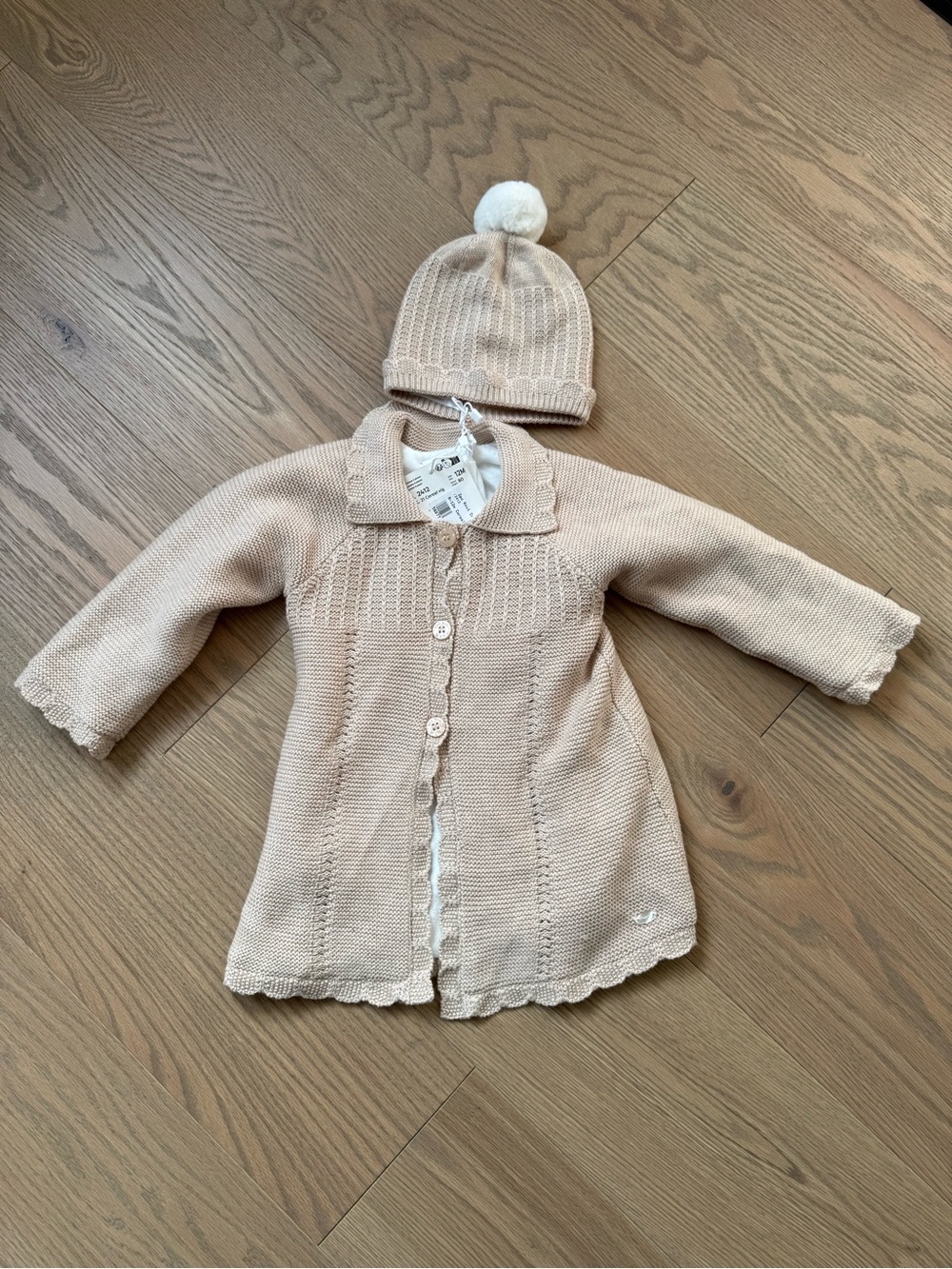 Mayoral Cream Knit Pea Coat with Pom Hat